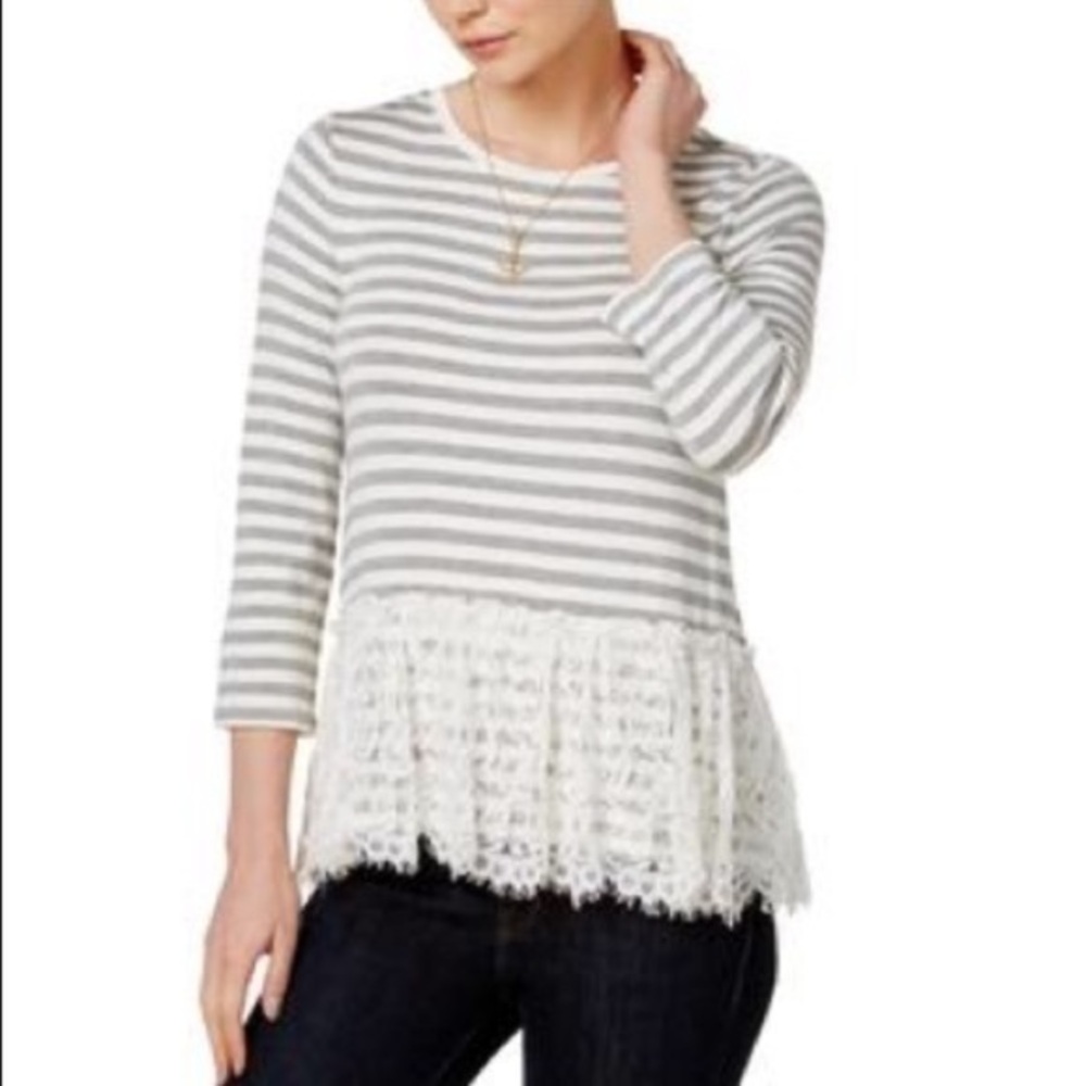 Maison Jules Striped Lace-Peplum Embellished Tee